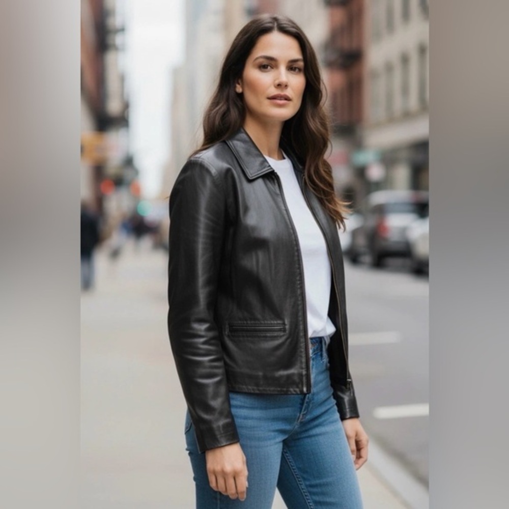 90s Leather Jacket 30s Inspired VTG Ann Taylor PM Size Heavy Cowhide Biker